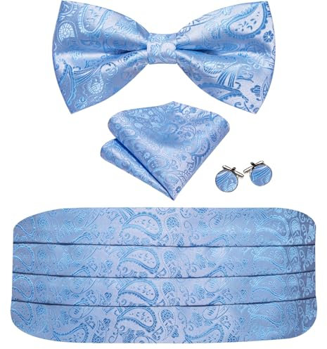 Barry.Wang Kummerbund Fliege Set für Herren Seide Kummerbund Vorgebundene Fliege Einstecktuch Manschettenknöpfe, babyblau, Einheitsgröße