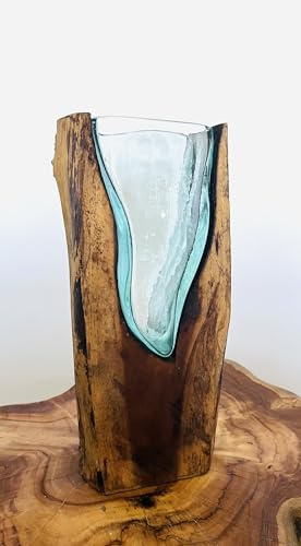 Molten Glass Vase On Wood Root Stand Glass Rustic Ornament Sculpture Key Sweet Display Dish