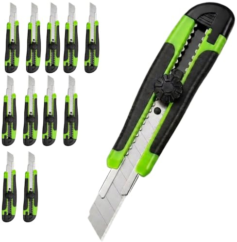 ToolSpace Cuttermesser Profi 12x Teppichmesser Universal 18mm Stanleymesser | Extra Scharf SK5 Klinge - Ergonomisch Körper mit Gummirillen - Mehrzweck Handwerkzeug Präzisions Utility Knife Cutter Messer