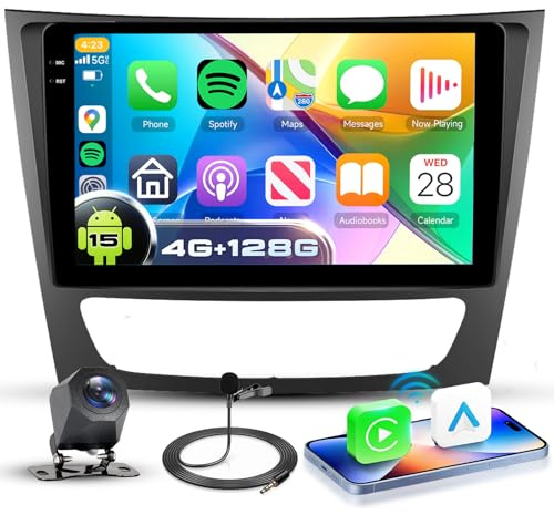 VECHTEL 4G+128G Autoradio Android 15 für Mercedes Benz E Klasse W211 E200 CLS W219 2002-2009, 9 Zoll In-Cell HD Touchscreen mit Drahtlos Carplay Android Auto GPS Wi-Fi USB Bluetooth FM RDS Kamera