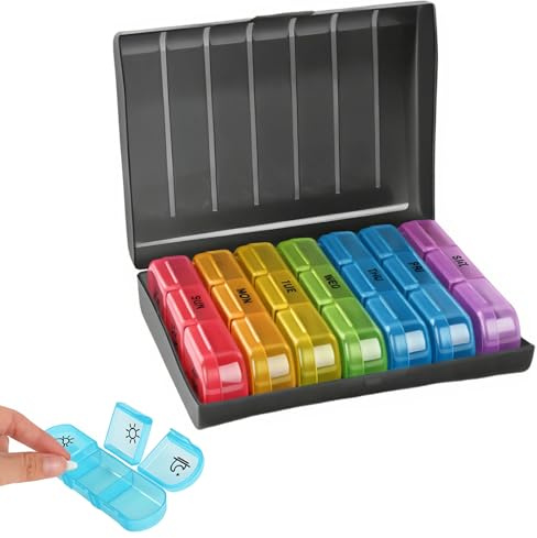 SUNNIFLY Tablettenbox 7 Tage Morgens Mittags Abends, Pillendose 7 Tage 3 Fächer, Tragbare Medikamentenbox für lange Reisen, Geschäftsreisen und Ausflüge (bunt)