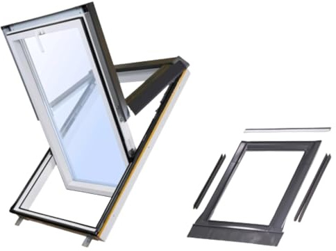 Dachfenster Set für Schweizer Arbonia Gruppe 114 x 118 cm SkyLight Kunststoff-Dachfenster mit Eindeckrahmen, Hochschwingfenster, Öffnungsfunktionen, feuchtigkeitsbeständig, inkl. Dämm- & Anschluss-Set