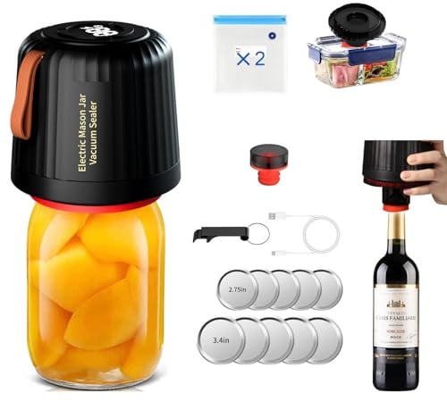 Mason Jar Einmachglas Vakuumierer für Einmachgläser Kompatibel Vacuum Sealer mit Vakuumbeutel, Weinflaschen, Einmachgläsern mit breitem und normalem Mund mit 10 Deckel,10 Vakuumierbeutel (86PRO)