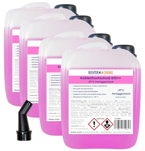 Richter Chemie Kühlerfrostschutz G12++ Fertiggemisch, -37°C, 4 x 5 L, Pink | -37°C Frostschutz, Für PKW, LKW, Nutzfahrzeuge, Busse, Langzeitkühlmittel bis 5 Jahre/250.000 km, Hitzeschutz bis +135°C