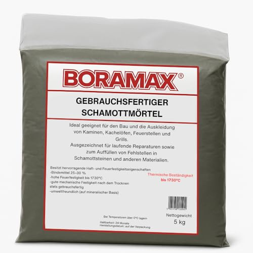 Schamottemörtel 5kg fertig gemischt 1730°C – Feuerfester Mörtel für Kamin, Grill & Ofen – Hitzebeständiger Reparaturmörtel, Gebrauchsfertig & Aushärtend