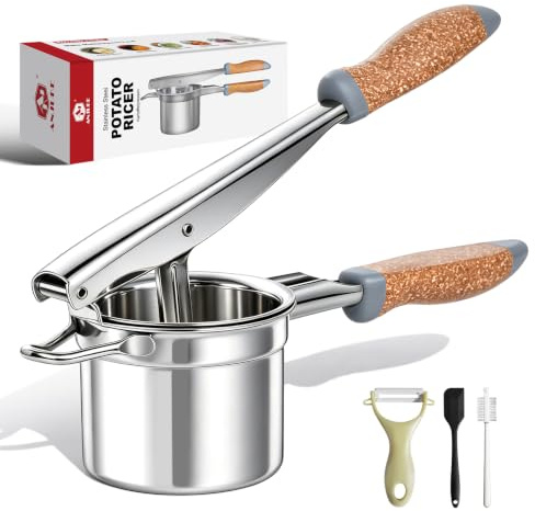 ANJUKE Kartoffelpresse Edelstahl mit fester Scheibe, Robuster Kartoffelstampfer mit Holz-Kunststoff-Griff, Inkl. Keramikschaber, Silikonspatel & Reinigungsbürste für Kartoffelpüree