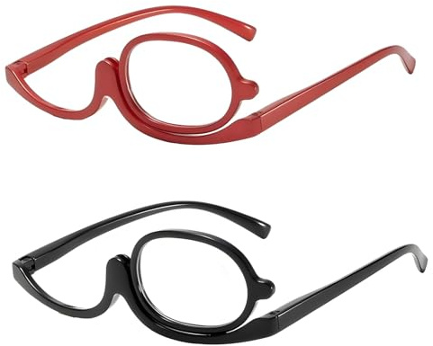 Rivvra 2 Pcs Makeup Reading Glasses with Flip-Down Lens | +2.50 & +3.50 Magnification Rotating Single Lens Cosmetic Eyeglasses for Women (Black and Red)