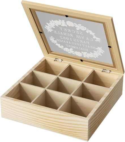 Fousenuk Porta Tisane 9 Scomparti, Scatola Bustine The e Tisane, Contenitore Legno con Coperchio, Organizer Te, Portatisane, Portaoggetti, Tea Box, Organizzatori di Tè per Conservare Gli Aromi