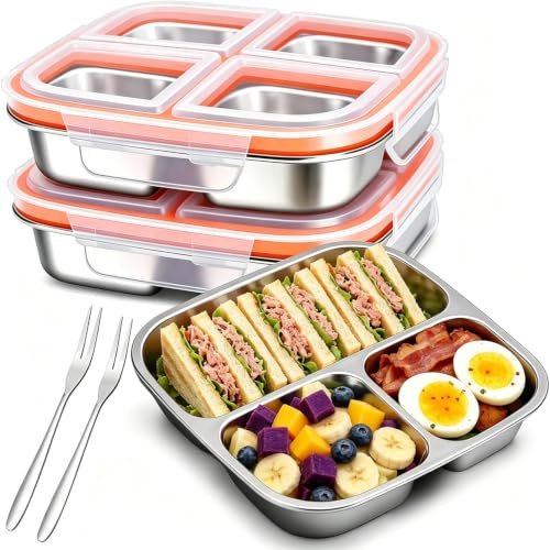 2 Stück Snackboxen Edelstahl mit 3 und 4 Fächern, 600ML Bento-Boxen mit Deckel, wiederverwendbare Lunchboxen zur Essenszubereitung, unterteilte Lebensmittelbehälter für Camping, Büro und Reisen