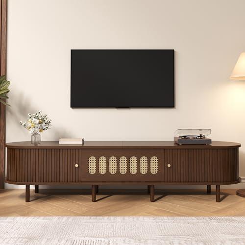 Jaxenor 180cm TV Cabinet with Rattan Design for 80 Inch TV, Walnut | Oval TV Stand Cabinet with Roll-Up Door and Drop-Down Door, Modern Entertainment Unit for Living Room, Bedroom, Walnut
