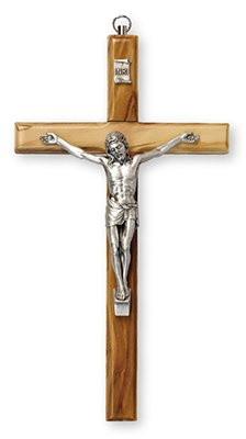 12cm Wall Hanging Olive Wood Crucifix Cross Silver Metal Corpus 10653