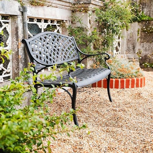 Lazy Susan Jasmine Metal Garden Bench | 2-seater in Antique Bronze with Terracotta Cushion | Weatherproof Garden Bench | Cast aluminium | Rust Proof | 3 Year Guarantee