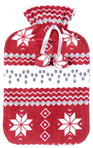 Large Hot Water Bottle With Soft Fleece Cover Red White Fairisle Nordic Snowflake Pattern Pom Poms For Winter Nights Heat Therapy Bed Sofa Comfort Sleep Removable 2 Litre Natural Rubber 35cm