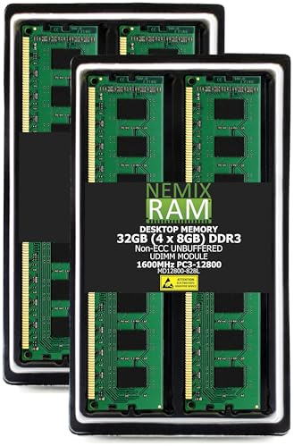 NEMIX RAM 32GB (4x8GB) DDR3-1600MHz PC3-12800 Non-ECC UDIMM 2Rx8 Desktop Memory Module