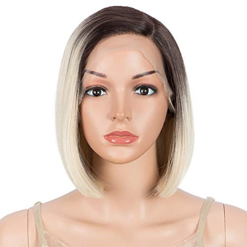 Début Lace Front Perücke für schwarze Damen Bob Perücke für weiße Damen Kunsthaar 24 cm 120g Blond Glatt Schweizer Spitze Hitzebeständige Fasern Halb handgebunden (24 cm, TT6/613)