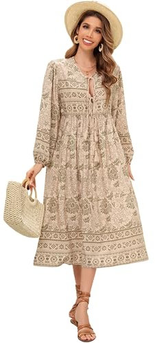 R.Vivimos Women's Casual Bohemian Print Neck Tie Long Sleeve Beach Style Long Midi Dress Vacation Dress(Medium,LightKhaki#)