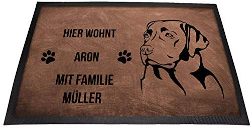 Labrador Retriever Fußmatte | mit Wunschnamen für Hund & Familie personalisiert | Hier wohnt … mit... | rutschfest | Waschbar | (Braun 40 x 60 cm)