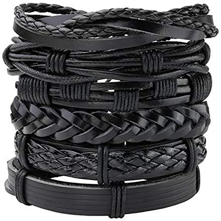 JJDreams 6-10 Pcs Leather Bracelets Set for Women Men Braided Wooden Beads Wrap Cuff Cord Adjustable