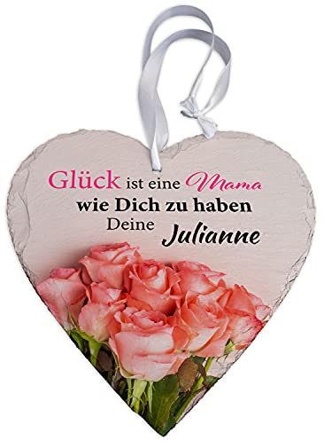 wandmotiv24 Schieferherz - Geschenk für die Mama - Schieferplatte mit Personalisierung - Geschenkidee - Foto-Geschenk 20x20 cm - Glück ist... - Rosen M0660