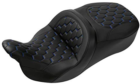 C.C. RIDER Leather Driver Passenger Seat - Fat Diamond Pro 2-Up One-Piece Seat fit for Harley Touring Road King FLHR Street Glide FLHX Road Glide FLTRX 2009-2023, Bagger Comb #Blue Stitching