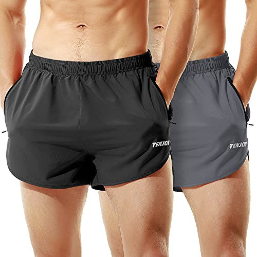 TENJOY Herren Laufshorts Gym Athletic Workout Shorts für Herren 7,6 cm Sportshorts mit Reißverschlusstasche, Schwarz + Grau (2er-Pack), Mittel