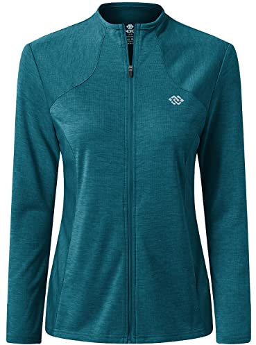 MoFiz Damen Laufjacke Leicht Sportjacke Trainingsjacke Langarm Frühling Sommer Fitness Wandern Yoga Jacke Atmungsaktive voll Reißverschluss mit Taschen ohne Kragen Meeresblau XL