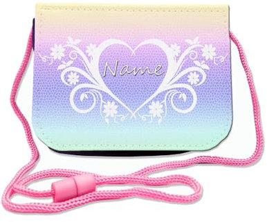 Kinder Brustbeutel mit Name und Schriftartwahl | Klettverschluss mit Schnur zum Umhängen und Klarsichtfach | Geldbeutel personalisiert | 3 Farben (Herz)