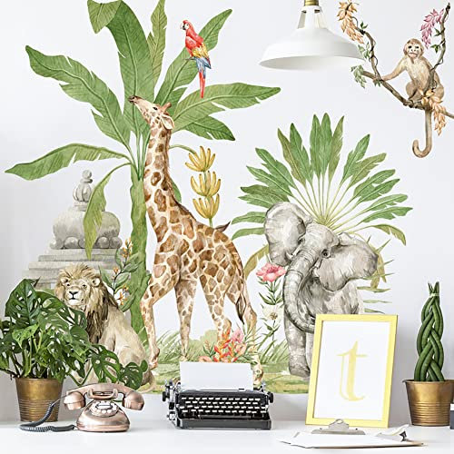 Runtoo Wandtattoo Waldtiere Safari Wandsticker Dschungeltiere Giraffe Elefant Wandaufkleber Kinderzimmer Babyzimmer Mädchen Junge Wanddeko