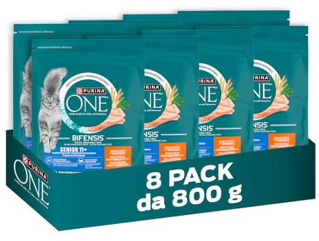 PURINA ONE Bifensis Senior Crocchette per Gatti Adulti Ricco Pollo e Cereali Integrali 8 Sacchi da 800g