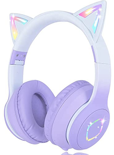 Usoun Auriculares Bluetooth para niños, LED Cascos Bluetooth Inalámbricos, Auriculares Plegable para niños con Orejas de Gato, 85dB Volumen Limitado para niños,niñas y Adultos(púrpura)