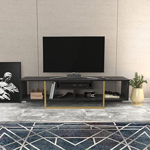 DECOROTIKA Asal 150 cm Wide TV Unit , Metal Frame TV Stand - For TVs up to 65 inch, Black Marble Pattern and Gold