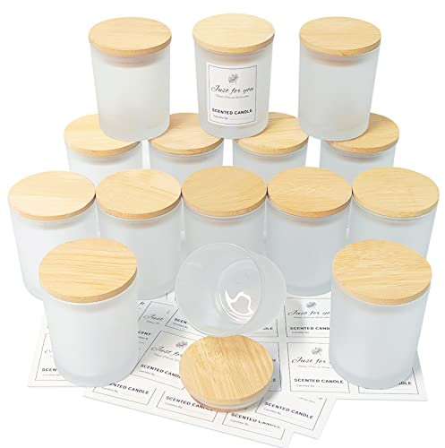 CONNOO 15 Stück 200 ml Milch Glas-Kerzengläser für die Herstellung von Kerzen mit luftdichten Bambusdeckeln, schöne klebrige Warnetiketten für die Kerzenherstellung