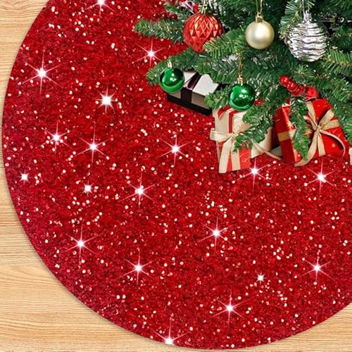 PATYDEST Gonna per albero di Natale rossa con scritta Merry Christmas, 91 cm, rotonda, in velluto, con paillettes ricamate, per albero di Natale, luccicante, con glitter, per le vacanze invernali