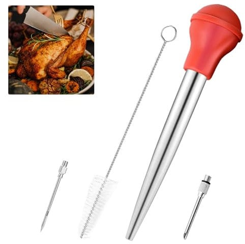 TOTHDATE Turkey Baster Syringe Large Set, Stainless Steel Marinade Injector Syringe FDA Silicone Bulb with 2 Injector Needles and Brush for Kitchen BBQ Meat Fish