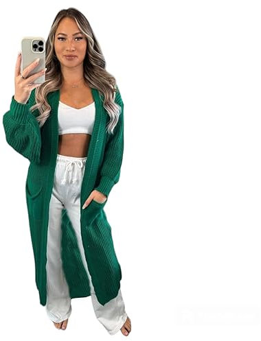 Alam Exclusive Cardigan lungo da donna lavorato a maglia con maniche a palloncino con 2 tasche, aperto sul davanti, cardigan boyfriend top UK, Verde bottiglia, 40-46