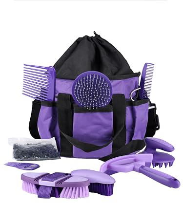 Harrison Howard Pferdepflegeset, 9-teilig, Pferdepflegeserie, Pferdebürsten-Sets mit Organizer, Tragetasche, Zaumzeug, Zubehör, Haarausfall, Fellpflege, Massagewerkzeug, Violett