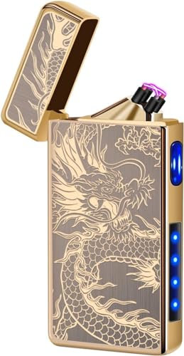 Gifts for Him Men, Electronic Lighter Arc Plasma Lighter with Battery Indicator, USB C Rechargeable Lighter Windproof Tesla Coil Lighter Portable Pocket Camping Lighter (Gold Dragon)