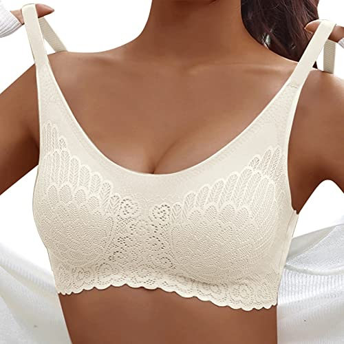 Damen Komfort BH Ohne Bügel Push Up Nahtlos Sport BH Gepolstert Spitzen Bra Weich Seamless Stretch Bustier Mittel Halt Bügelloser Schlaf BH Klassische Top für Alltag Yoga Damen Weiß 3XL