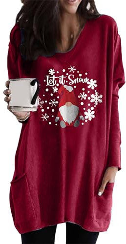 EFOFEI Damen Lässige Tops mit Zwei Taschen Übergroßer Pullover mit lockerer Passform Niedliches Hasen Pullover Shirt Weihnachtsmann Burgundisch M