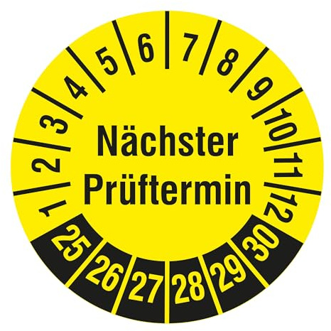 Mehrjahresprüfplaketten Nächster Prüftermin 2025-2030 - Ø 30 mm - 1.000 Prüfplaketten auf Rolle, Polyethylen, Prüfetiketten gelb-schwarz