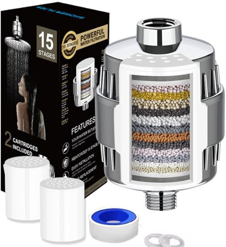 Filtre de Douche à 15 Étapes avec Vitamine C, Filtre Douche Anti Calcaire, Adoucisseur d'eau Douche avec Cartouches de Filtre Remplaçables pour Éliminer l'Eau Dure, Chlore et Métaux Lourds