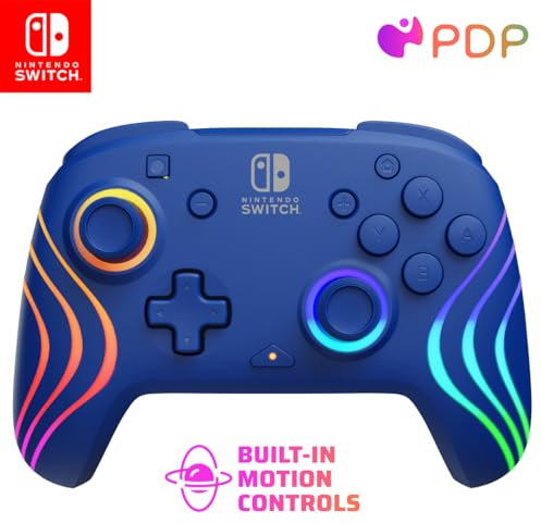 PDP Afterglow Wave Wireless Nintendo Switch Pro Controller with Motion Controls, Fully Licensed for Switch/OLED Model, Customizable LED Lighting, 30 Foot Range, 20 Hr Rechargeable Battery Power: Blue