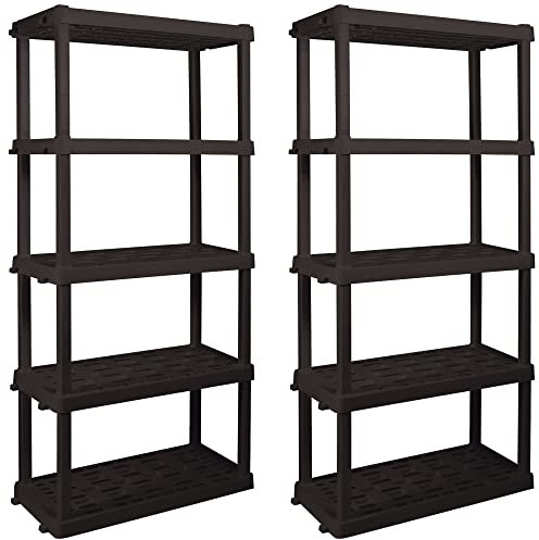 5 Tier Shelf Garage Plastic Shelving Unit Storage Shelves 400 lbs (180 kg) Interlocking Racking Shelves Multipurpose Organizer for Kitchen Workshop Office 45.72 x 91.44 x 187.45 cm Pack of 2- Black