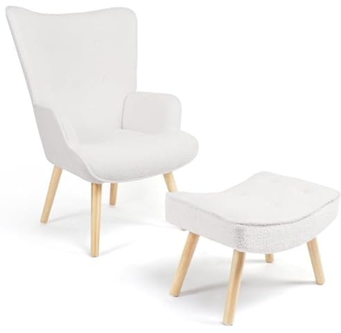 IDMarket - Fauteuil scandinave Ivar avec Repose Pieds en Tissu Bouclette Blanc