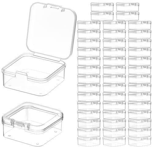 QWORK® 48Pcs Small Plastic Storage Box with Hinged Lid, Square Storage Containers for Beads, Jewelry and Craft Items - 45 x 45 x 20 mm (1.8x1.8x0.8 Inch)