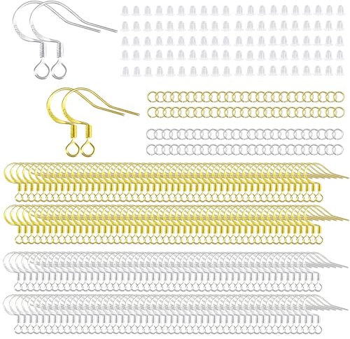 200 PCS 14K Gold Tone and Silver Earring Hooks 925 Sterling Silver Plated Hypoallergenic Ear Wires Fish Hooks with 100 PCS Clear Silicone Earring Backs and 100PCS Jump Rings for DIY Jewelry Making
