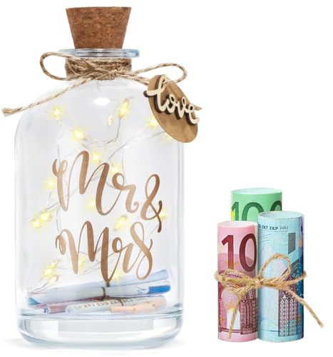 LED Flaschenlicht Hochzeit, Geldgeschenke Hochzeit Verpackung, Hochzeitskasse Spardose, Verpackung Geldgeschenk Spruch “Mr & Mrs”, Geschenkideen Geld Leuchtflasche für Brautpaar Frisch Verliebte