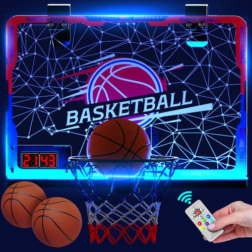 SKERITO Kids Indoor Basketball Hoops - Basketball Basket with 7 Lights and Timer, Mini Basketball Rim for Room with 3 Balls and Scoreboard, Basketball Hoop Goal Set, Boys Sports Toys, Outdoor, Indoor