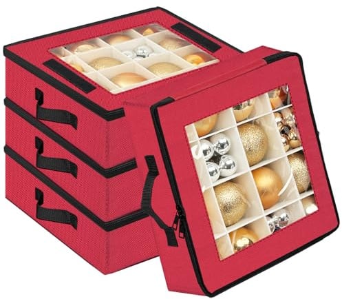 Weihnachtskugeln Aufbewahrungsbox mit Trennwände Weihnachtlicher Deko Box 4 Stück Faltbar Weihnachtsbaumschmuck Ball Organizer mit 2 Griffen Stapelbar (12.8x12.8x14inch,Rot)