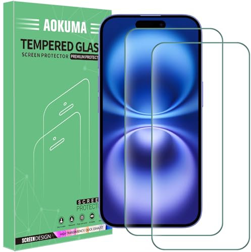 AOKUMA Protector de Pantalla para iPhone 16, [2 Unidades] Cristal Templado para iPhone 16/15-6.1 Fácil Instalación, Sin Burbujas, Alta Definicion, 9H Dureza, Anti-Arañazos